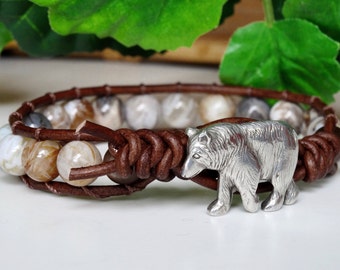 Bear Leather Bracelet, Bohemian Gemstone Leather Wrap, Bamboo Agate Beaded Wrap Bracelet, Bear Gift, Bear Jewelry  RT090