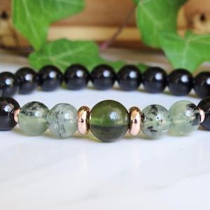 8mm Black Tourmaline Moldavite Gemstone Bracelet, Crystal Healing Green Energy Bracelet, Unisex Natural Gemstone Bracelet, RT102