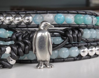 Blauwe leren armband pinguïn, armband pinguin, armband aquablauwe edelsteen