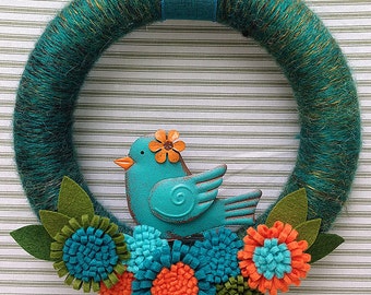 Bird Wreath, Blue Bird Wreath, Yarn Wreath, Yarn Bird Wreath, Felt Flower Wreath, Blue Yarn Wreath,