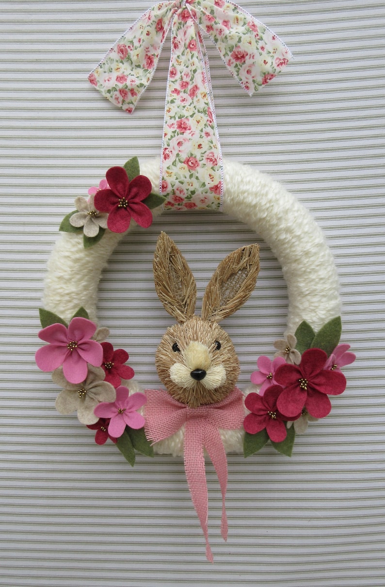 Bunny Wreath Felt Flower Wreath Sisal Bunny Wreath Spring Wreath Pink Easter Wreath Rabbit Wreath Easter Wreath