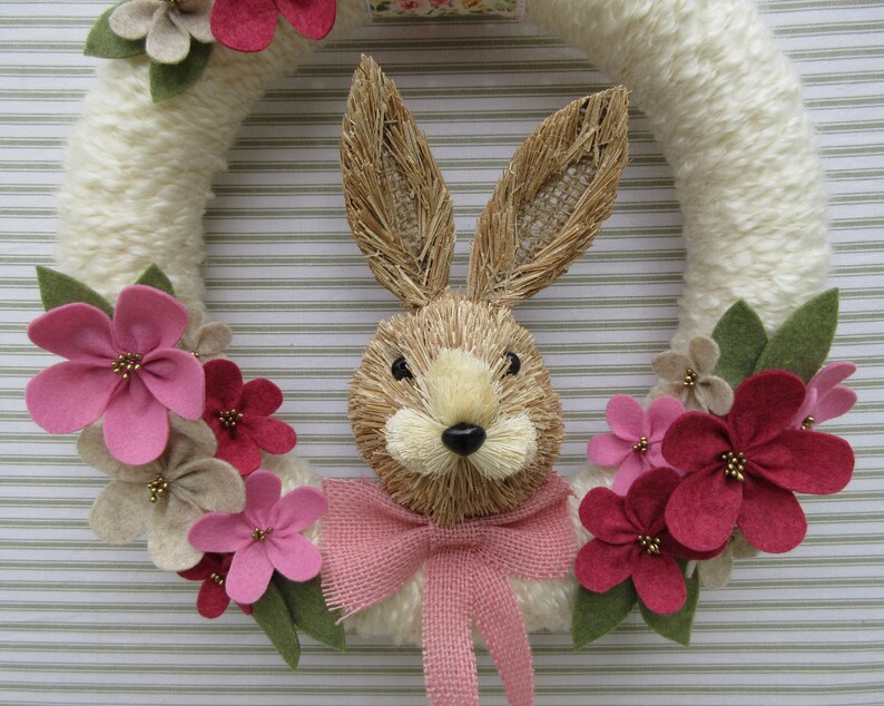 Bunny Wreath Felt Flower Wreath Sisal Bunny Wreath Spring Wreath Pink Easter Wreath Rabbit Wreath Easter Wreath