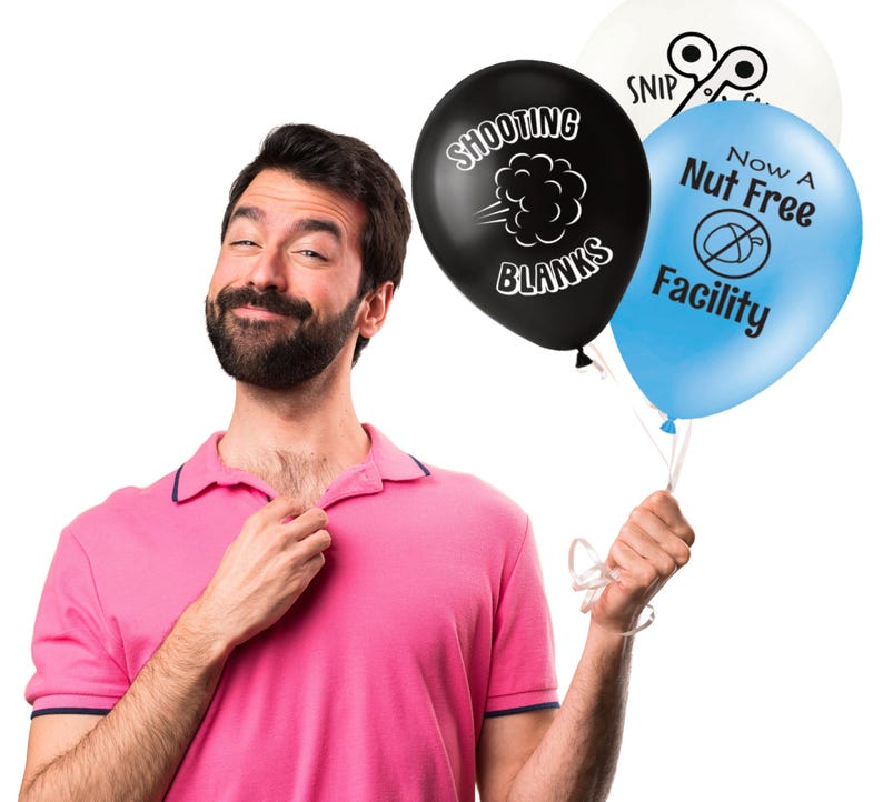 May include: A set of three balloons including a black balloon with the text 'SHOOTING BLANKS' and a cloud graphic, a light blue balloon with the text 'Now A Nut Free Facility' and a crossed-out nut icon, and a white balloon with 'SNIP' text.
