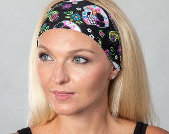 Yoga Headband-Workout Headband-Skull Yoga Headband-Running Headband-Boho Wide Headband-No Slip Headband-Fitness Headband-Wicking Headband