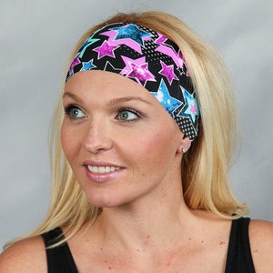 Yoga Headband-Running Headband-Fitness Headband-Workout Headband-Black and Pink Headband-Women Headband-Moisture Wicking Headband-Stars