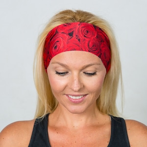 Yoga Headband-Red Running Headband-Workout Headband-Fitness Headband-Red Roses Headband-Wicking Headband-Turban Headband-Red Yoga Headband