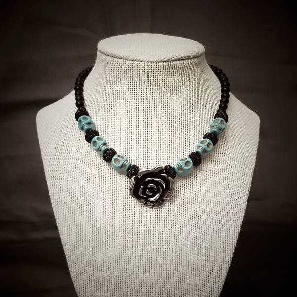 Skull Necklace, Turquoise Skull Necklace, Skull Choker, Sugar Skull Necklace, Silver Rose, Rose Necklace, Day of the Dead, Gothic Jewelry