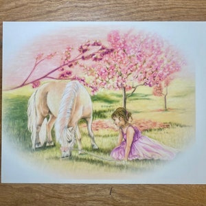 Girl and Horse under the Flowering Trees - Art Print