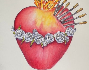 Immaculate Heart - Watercolor PencilDrawing - Hand Drawn - Original Artwork