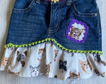 Upcycled Denim Skirt with Cats - Size 2T