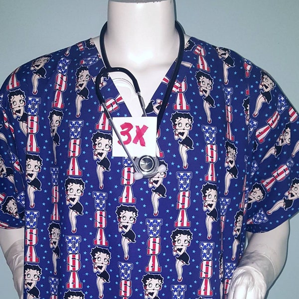 Blusas médicas Patriotic Betty Boop Bandera de EE. UU. Especialmente diseñada para hombres/chicas: enfermeras, técnicos, dentales, veterinarios, MD, PA, profesionales