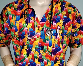 Scrub Tops Cats in colors of the rainbow Kittens Kitty  custom V Neck Scrub Tops for Men: male nurses, vets, Rn Md medical veterinarian gift