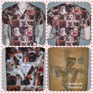 May include: A brown and white patterned scrub top with a V-neck and short sleeves. The pattern features a collage of various dog breeds. The scrub top is packaged in a brown paper bag with a gold ribbon and a "Thank You" sticker.