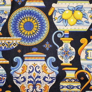 FABRIC Italian Pottery La Dolce Vita Lemons 100% smooth cotton quilting craft by Yd 1/2 yd FQ Scrub Caps totes kitchen decor pillow towels