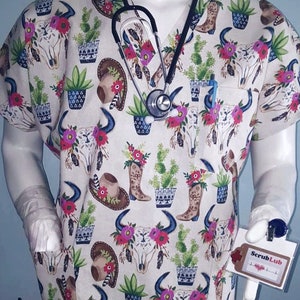 Scrub Tops Women  SW western feathers cactus boots cowgirl hat cattle skulls --Unique Scrub Tops Men/Gals nurses vets, dental Rn Np Md Pa