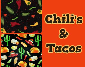 FABRICS Taco Tuesdays & Chili Peppers Salsa Picante Soft 100% cotton HTF quilting FQ/1/2 yard gifts I Spy scrub tops crafts bowl cozy decor
