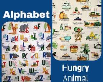 TELA Alfabeto de animales/Comidas de animales hambrientos SPY colcha medio yarda/FQ manualidades niños pequeños pantalones cortos acolchado decoración de habitación guardería niños jardín de infantes