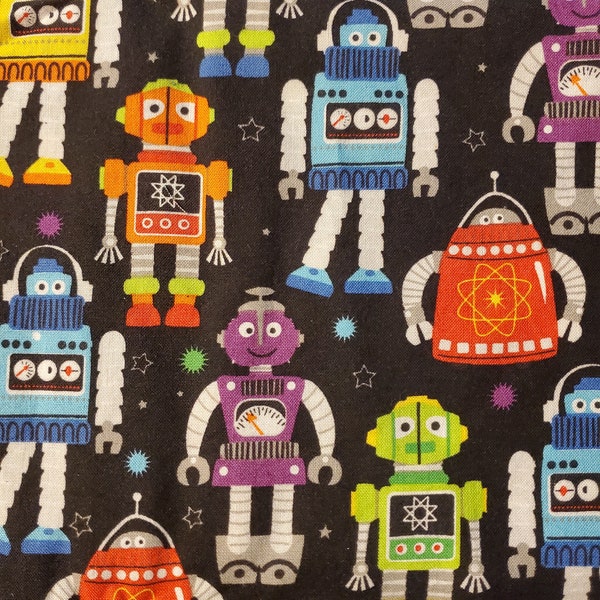 Fabric Robots retro colorful Gear Heads Bots soft 100 % cotton, quilting, crafts, FQ perfect for vet scrub caps geek  sewing vet gift HTF