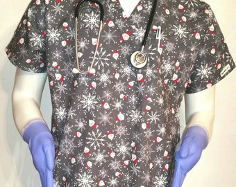 Christmas Santa Snowflakes Scrub Top!--Especially tailored V Neck Scrub Tops for Men: male nurses, techs, vets, dental and professionals.