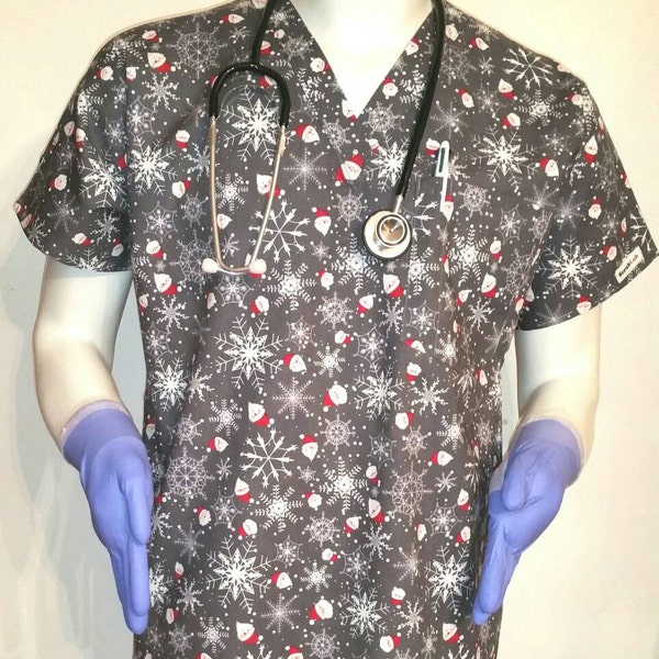 Christmas Santa Snowflakes Scrub Top!--Especially tailored V Neck Scrub Tops for Men: male nurses, techs, vets, dental  and professionals.