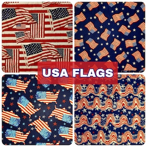 Op de afbeelding: Een collage van stofpatronen met de Amerikaanse vlag. De ontwerpen omvatten herhaalde vlagmotieven, wapperende vlaggen en sterrenachtergronden in rood, wit en blauw. De tekst "USA FLAGS" staat over de afbeelding.