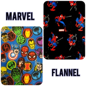 May include: Two fabric swatches. One features Marvel comic book characters in circles on a blue background. The other is black with red and blue Spider-Man figures. The word "MARVEL" is above the first swatch, and "FLANNEL" is below the second.
