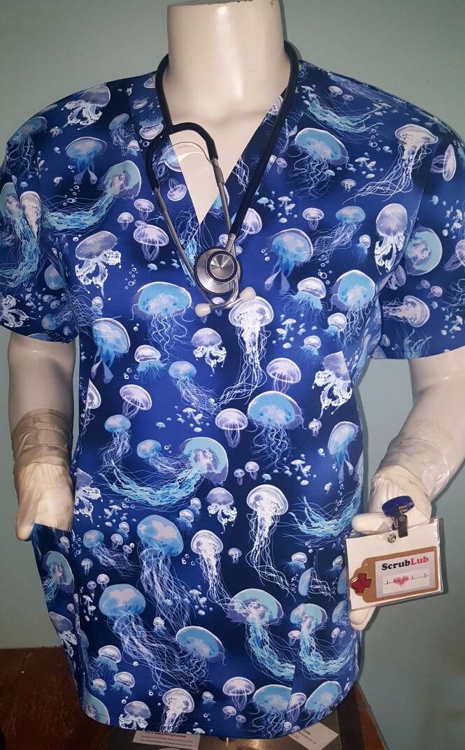 Jellyfish Blue Swimming Scrub Top Classic V-Neck!! Especially tailored for MEN/Gals: murses, male nurses, techs, dental,vets , MD, PA,