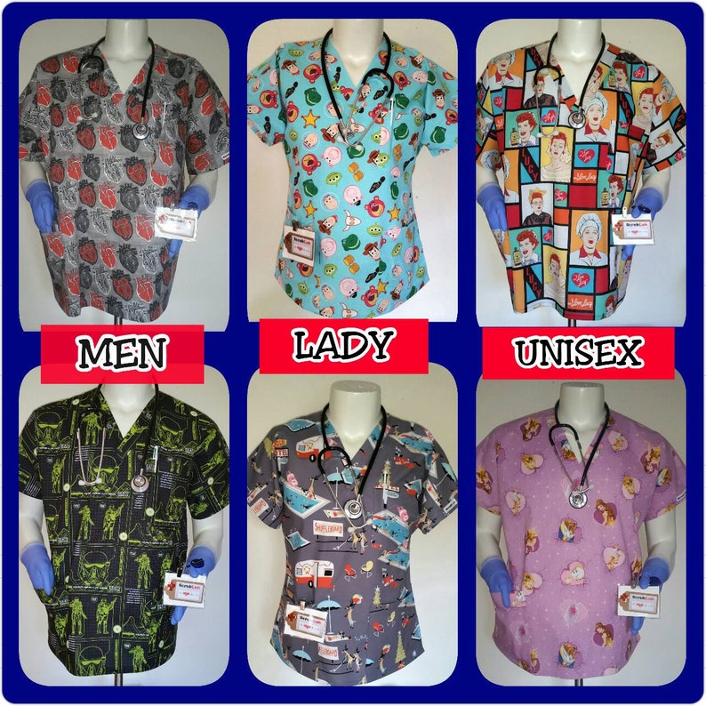 May include: Six different patterned medical scrubs, two with a V-neck and four with a scoop neck. The scrubs are labeled "Men", "Lady", and "Unisex".