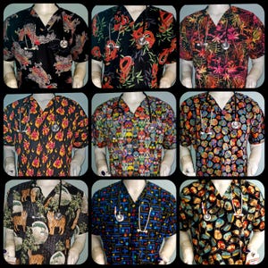 May include: Nine different patterned scrub tops with a V-neck and short sleeves. Each top features a different design, including dragons, skulls, and tropical leaves. All tops have a stethoscope hanging around the neck.