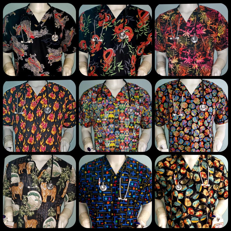 May include: Nine different patterned scrub tops with a V-neck and short sleeves. Each top features a different design, including dragons, skulls, and tropical leaves. All tops have a stethoscope hanging around the neck.