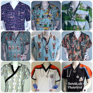 May include: Nine different colorful scrubs with a stethoscope hanging around the neck of each scrub. The scrubs have various patterns including video game characters, animals, and musical instruments.