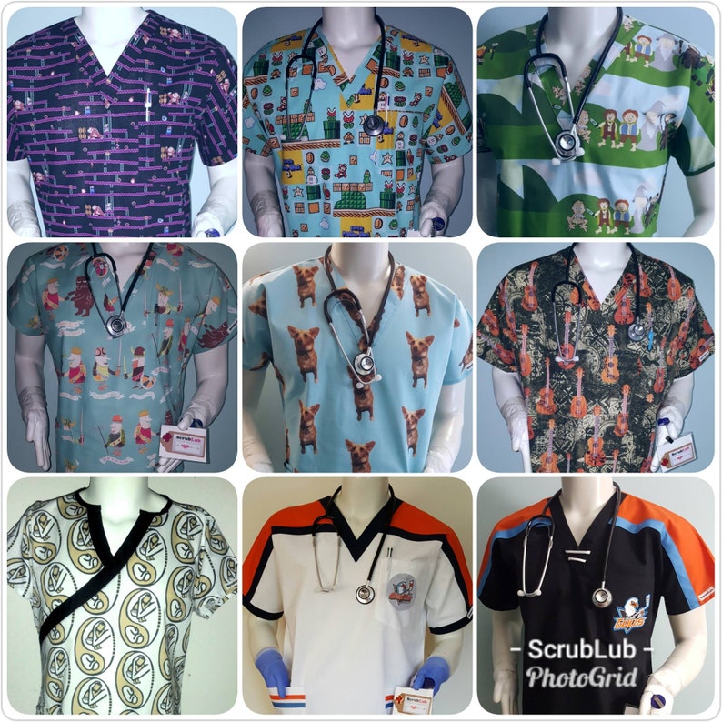 May include: Nine different colorful scrubs with a stethoscope hanging around the neck of each scrub. The scrubs have various patterns including video game characters, animals, and musical instruments.