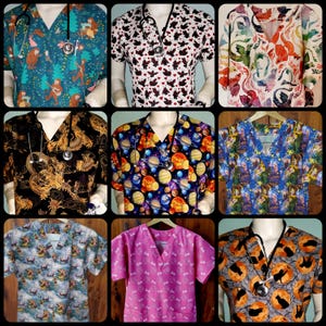 May include: Nine different patterned scrub tops with a V-neck and short sleeves. The patterns include a forest scene, hearts, dragons, planets, a night sky, a mermaid scene, a pink and white pattern, and a black and orange pattern with bats and a full moon.