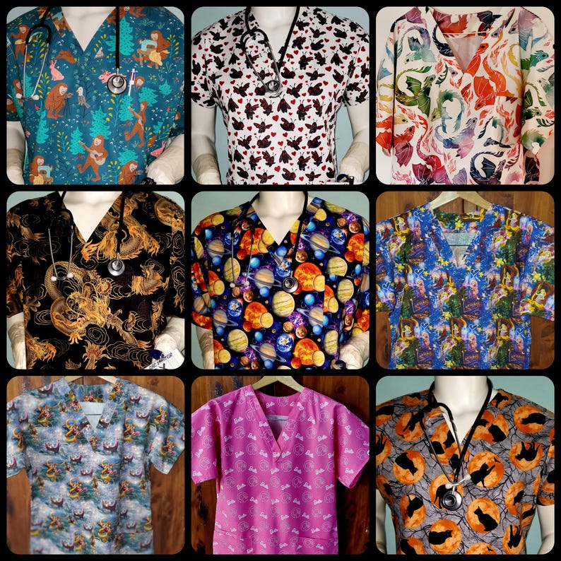 May include: Nine different patterned scrub tops with a V-neck and short sleeves. The patterns include a forest scene, hearts, dragons, planets, a night sky, a mermaid scene, a pink and white pattern, and a black and orange pattern with bats and a full moon.