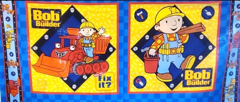 FABRIC Vintage Bob the Builder Panel Quilt Squares/ Pillows Bulldozer ...