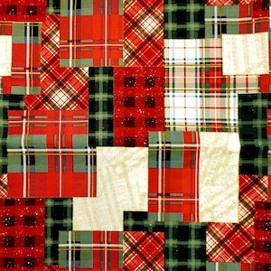 May include: A fabric featuring a patchwork design of various plaid patterns in red, dark green, black, and cream. The textile displays a repeating grid of squares and rectangles with intersecting lines, creating a classic tartan-inspired aesthetic.