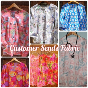 May include: Collection of long-sleeved medical scrubs with diverse patterns. Designs feature dogs, fish, floral prints, and footprints. The image includes the text "Customer Sends Fabric".