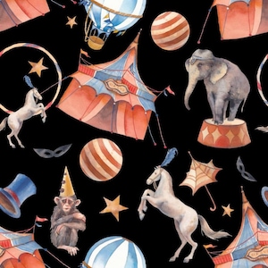 Fabric Its a CIRCUS out There Elephants Horses Monkeys 100% cotton FQ 1/2 Yd for quilts pillow decor apron crafts DIY I Spy  Scrub Tops/Cap