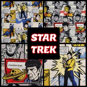 Könnte beinhalten: Eine Collage aus Comic-Bildern mit den Star Trek-Charakteren. Die Bilder sind in verschiedenen Farben gehalten und zeigen die Charaktere in verschiedenen Posen. Der Text "STAR TREK" steht in großen, fetten Buchstaben in der Mitte der Collage.