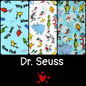 Dr Seuss FABRIC Red Fish/Blue Fish or CHaracters on White/Blue 100% Cotton Quilt By Yd/ FQ sewing  DIY crafts bow ties scrub cap gifts