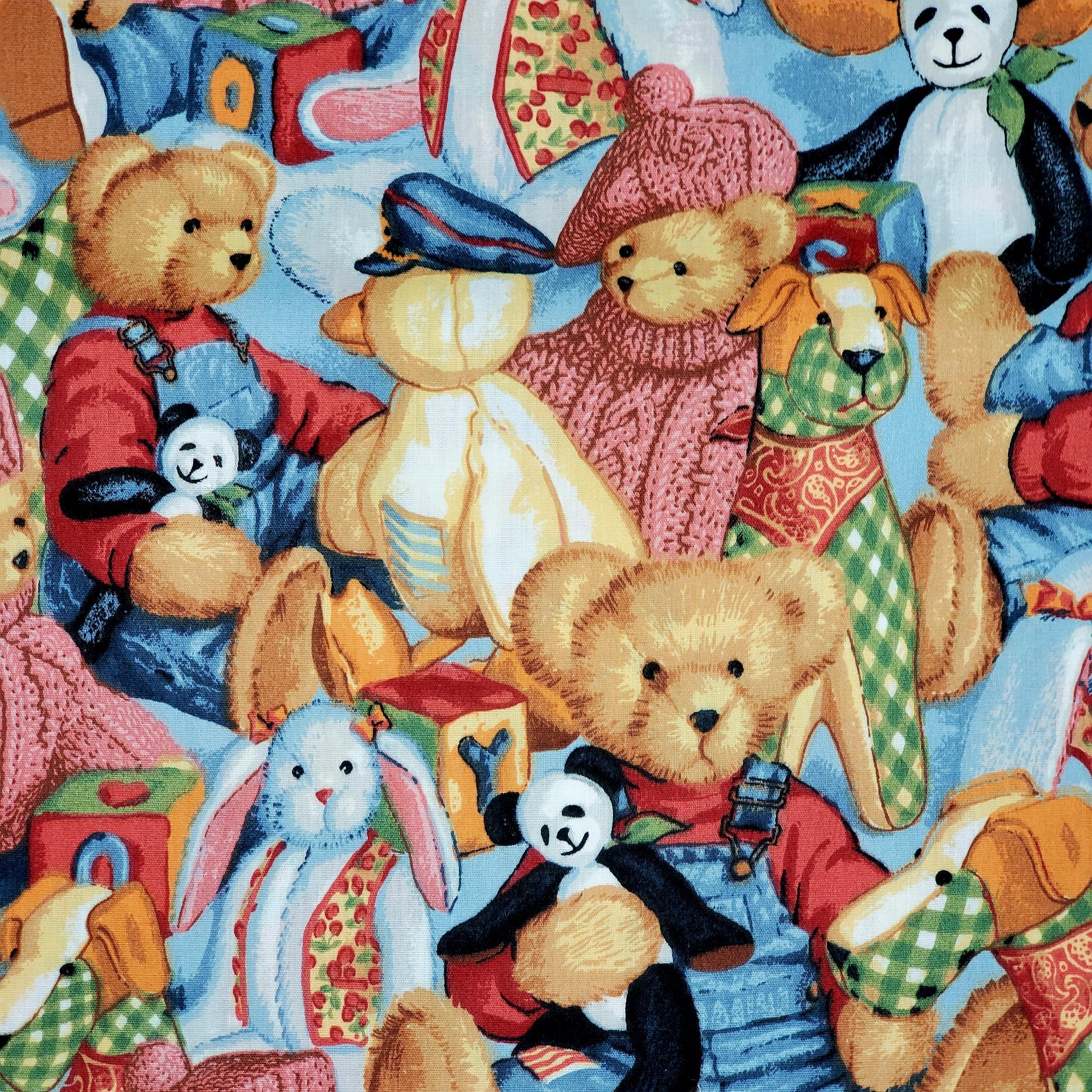 FABRIC by Yard or PANEL Teddy Bear Blue Jean Denim & Toys I SPY
