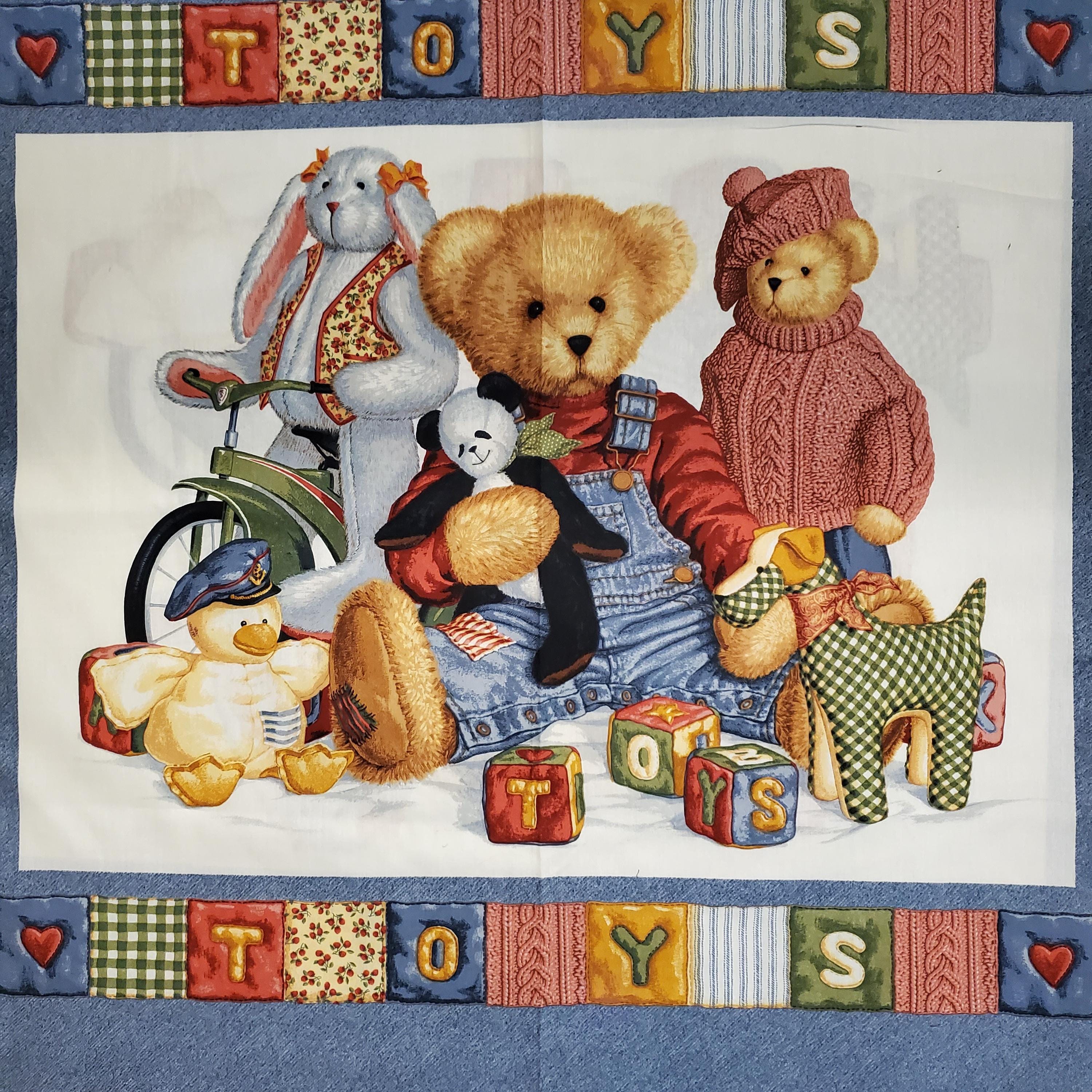FABRIC by Yard or PANEL Teddy Bear Blue Jean Denim & Toys I SPY