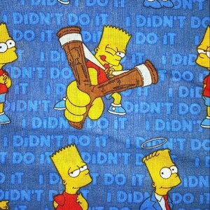 May include: A blue fabric with a repeating pattern of yellow cartoon characters and the text 'I didn't do it'.