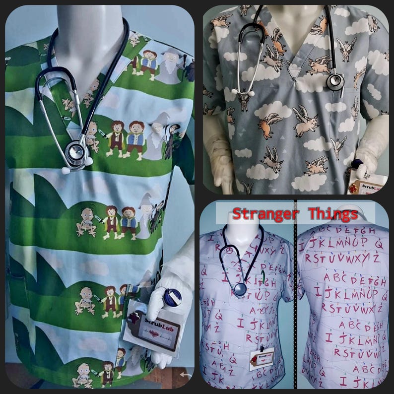 May include: Three different medical scrubs with various prints. The first scrub has a green and blue striped pattern with cartoon characters from the Lord of the Rings. The second scrub has a gray background with a pattern of flying pigs. The third scrub has a gray background with a pattern of red letters spelling out the alphabet. The text "Stranger Things" is printed in black at the top of the image.