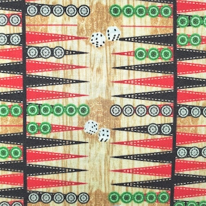 May include: A close-up of a backgammon board with dice. The board features a tan background with red, black, and green triangles. White dice with black dots are scattered across the board. The game pieces are green and black.