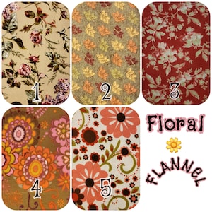 May include: A collection of five different floral flannel fabric swatches. The swatches feature various floral patterns in colors like beige, red, orange, and brown. The word "Floral" and "Flannel" are also displayed.