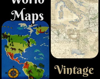 Fabrics Maps World Traveler Vintage Maps 100% cotton FQ 1/2 Yd perfect for quilts pillows decor apron crafts DIY I Spy