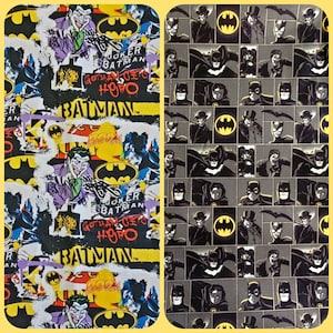 Puede incluir: Dos muestras de tela con un patrón repetido de personajes de Batman y Joker. La primera muestra tiene un fondo negro con acentos amarillos, rojos y blancos. La segunda muestra tiene un fondo gris con acentos negros y amarillos. Ambas muestras presentan el texto "Joker Batman Gotham City Hero" y "Batman".