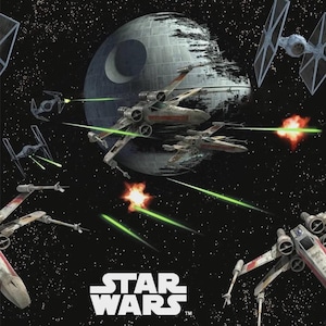 May include: An action-packed Star Wars scene featuring X-wing fighters, TIE fighters, and the Death Star against a starry backdrop. Green laser blasts and explosions add to the dynamic space battle. The Star Wars logo is prominently displayed.