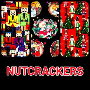 May include: A fabric pattern featuring three distinct vertical panels. The left panel displays a dense arrangement of colorful nutcracker figures. The center panel shows circular illustrations of children with nutcrackers. The right panel depicts nutcrackers and Christmas trees on a red background. The word NUTCRACKERS is printed in white text at the bottom.